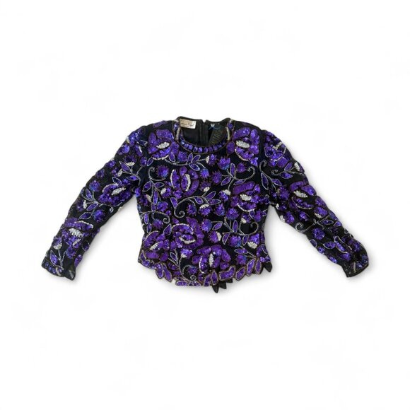 Lawrence Kazar Silk Floral Sequins Beaded Long Sleeve Blouse GORGEOUS! W-L - Picture 2 of 15